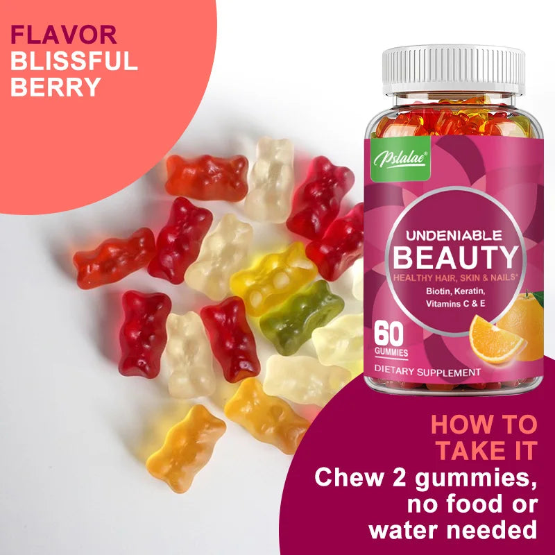 Beauty Gummies - with Biotin, Keratin - for Skin, Nails and Hair Health, Nourishes Skin and Strengthens Hair - 60 Gummies