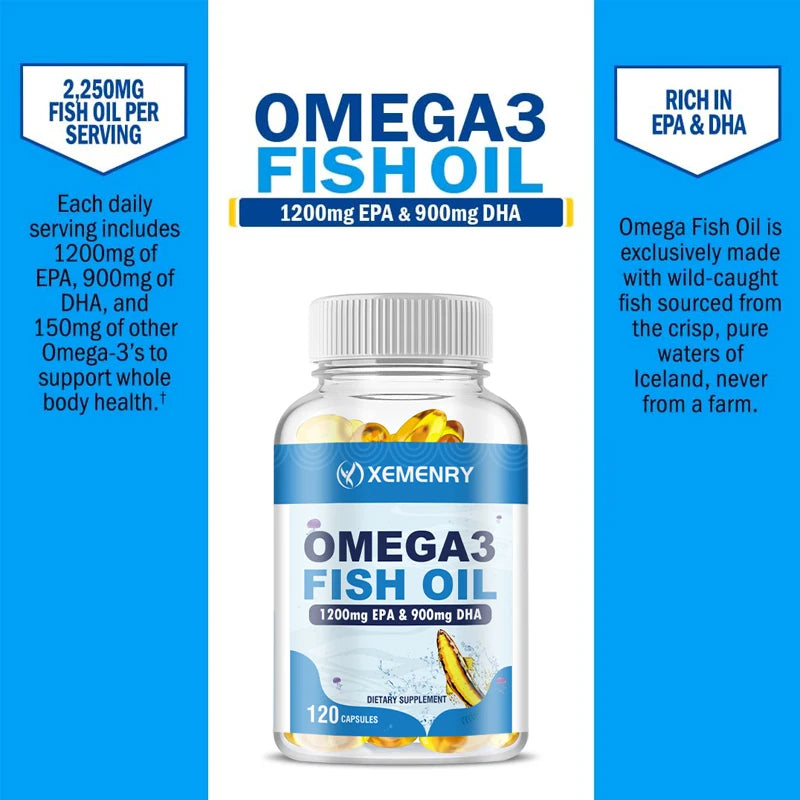 Omega 3 Fish Oil Capsules - Rich in DHA/EPA - Promotes Joint, Eye, Skin Health, Immune Support - 120 Capsules