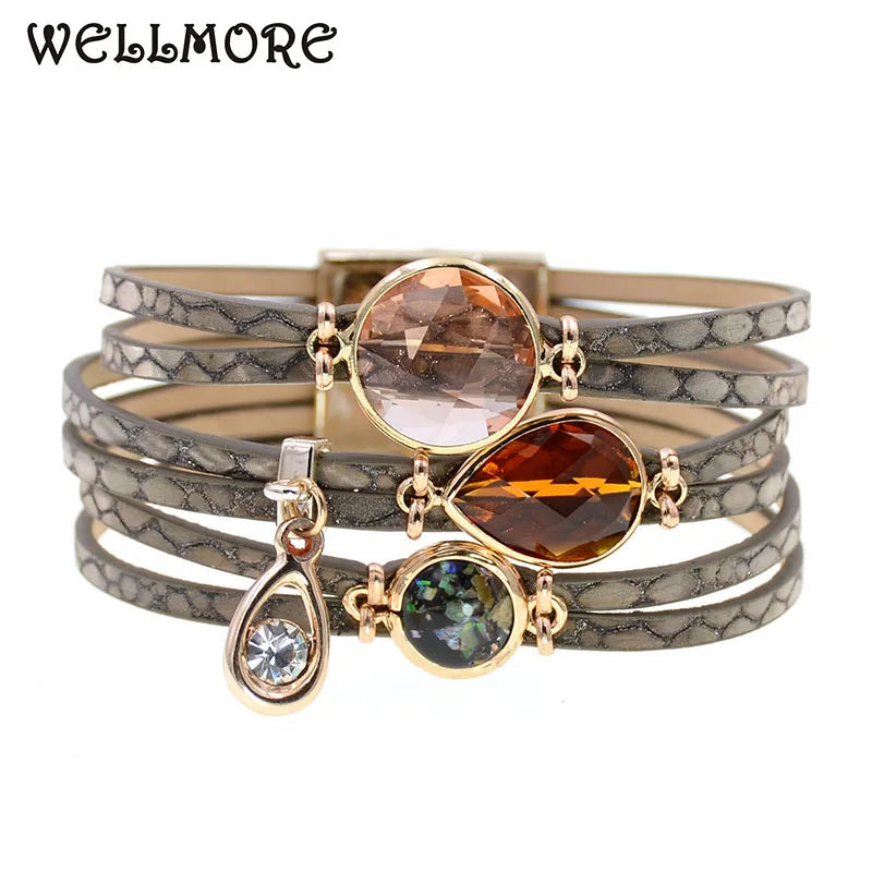 WELLMORE women bracelet glass leather bracelets bohemia charm bracelets for women fashion jewelry wholesale drop shipping