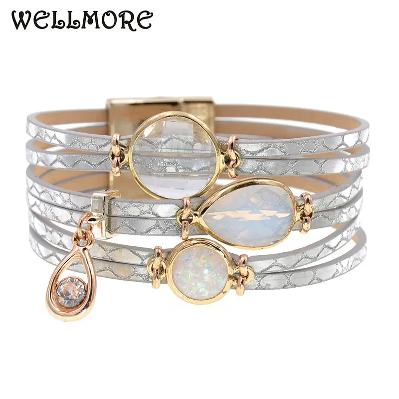 WELLMORE women bracelet glass leather bracelets bohemia charm bracelets for women fashion jewelry wholesale drop shipping