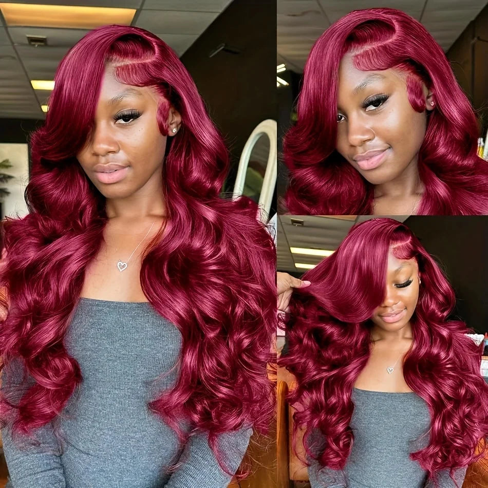 99j Burgundy Body Wave 13x4 Curly Hd Transparent Lace Front Human Wig Brazilian Hair For Black Women