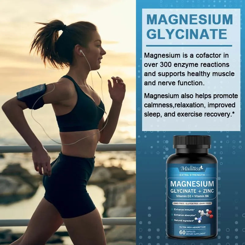 Mulittea 500mg Glycine Magnesium with Zinc,Vitamin D3 B6 Health for Bones and Teeth Health Helps Natural Sleep