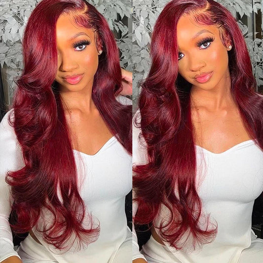 99j Burgundy Body Wave 13x4 Curly Hd Transparent Lace Front Human Wig Brazilian Hair For Black Women