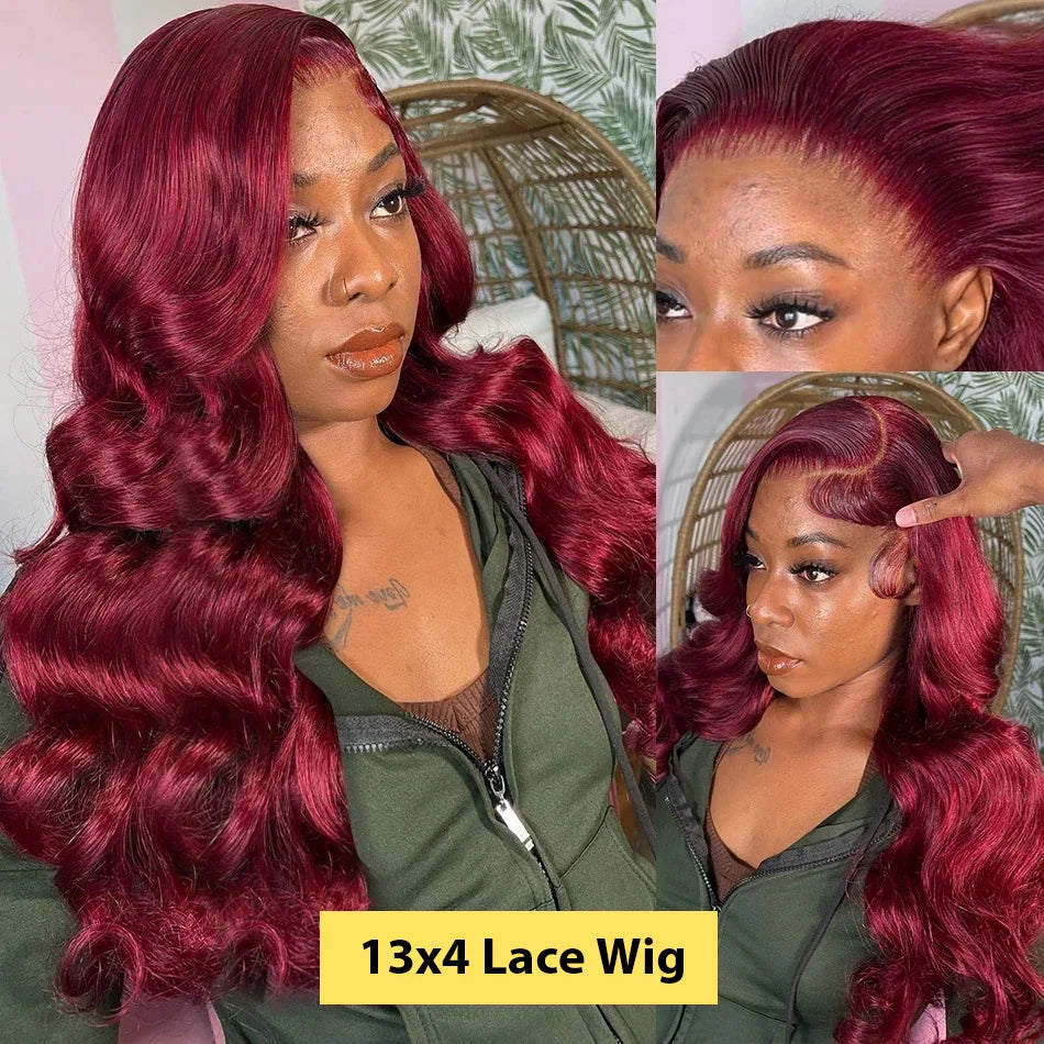 99j Burgundy Body Wave 13x4 Curly Hd Transparent Lace Front Human Wig Brazilian Hair For Black Women