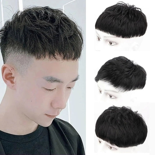 Alimice Men Hair Tropper Hair Pieces Short Wig Black Short Wig Breathable Invisible Daily Straight Bangs Clip On Hair Extensions