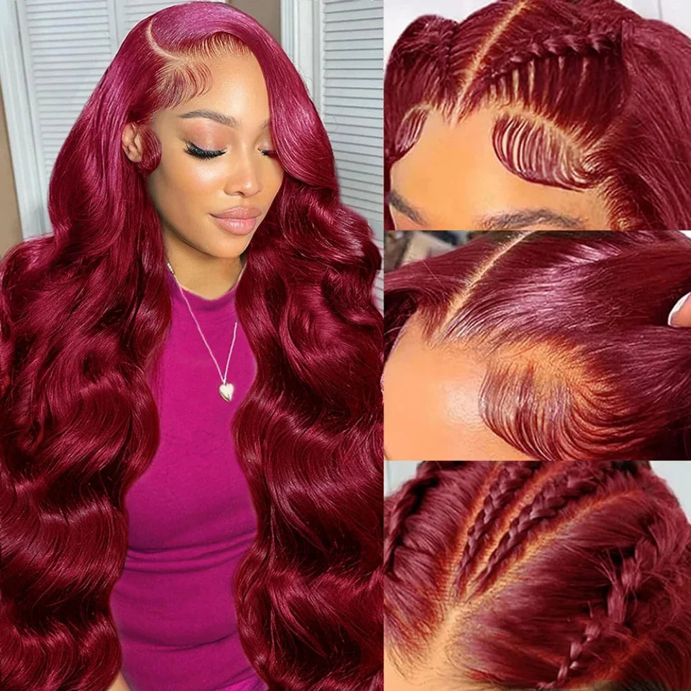 99j Burgundy Body Wave 13x4 Curly Hd Transparent Lace Front Human Wig Brazilian Hair For Black Women