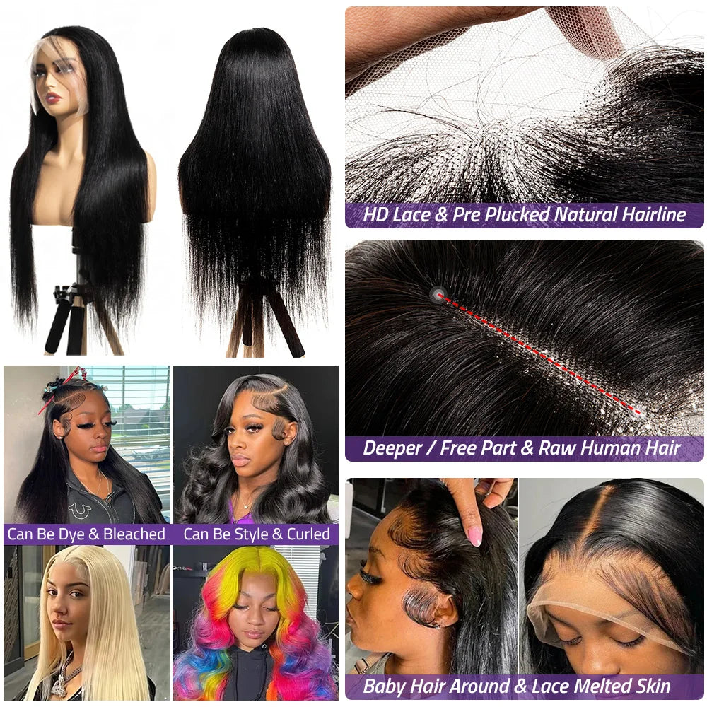 Bone Straight 13x6 HD Lace Closure Front Human Hair Wigs Brazilian Transparent Wigs for Black Women 360 Full Lace Frontal Wig