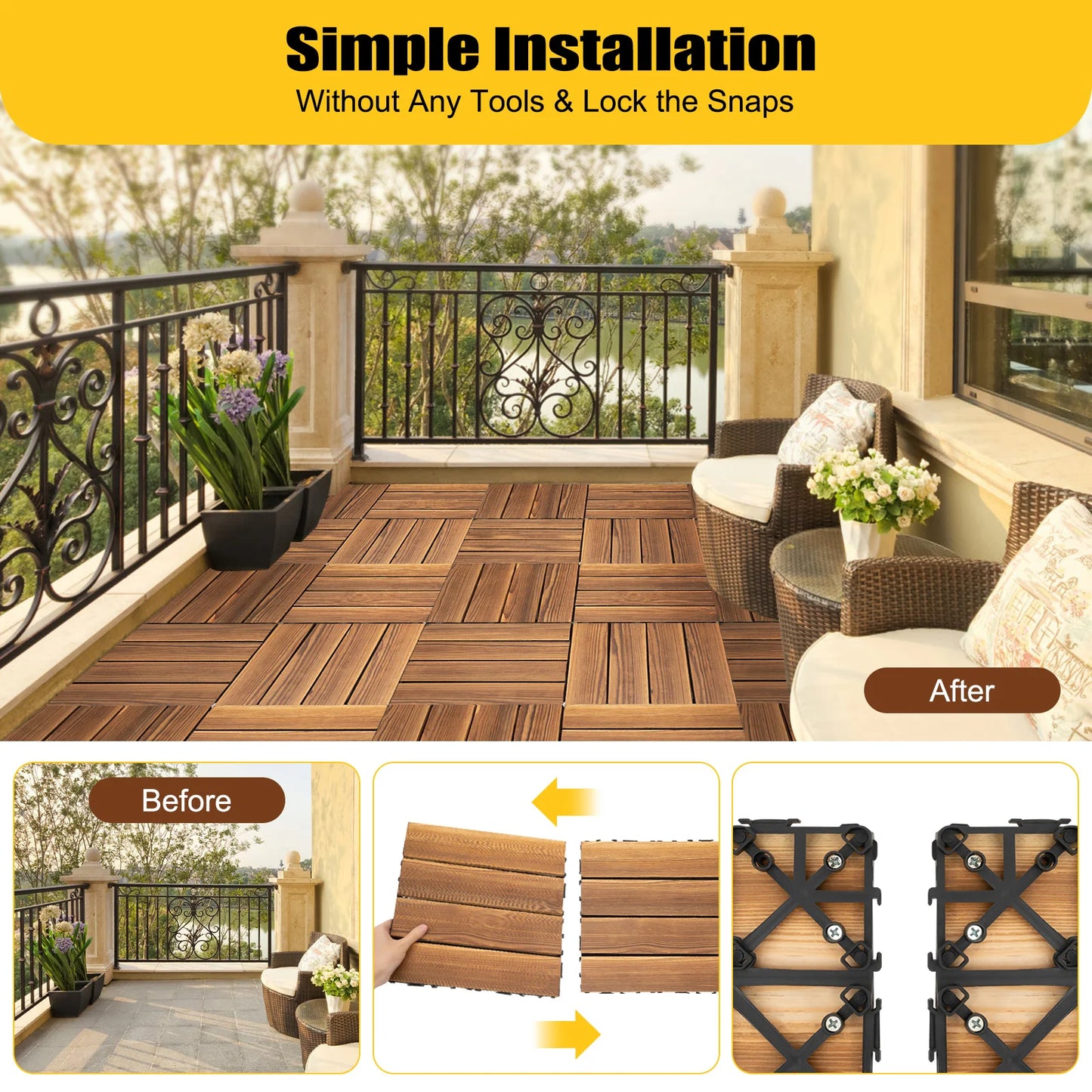 36Pack Hardwood Interlocking Patio Deck Tiles,12" Interlocking Natural Solid Acacia Wood for Outdoor&Indoor, Floor Decking Tiles